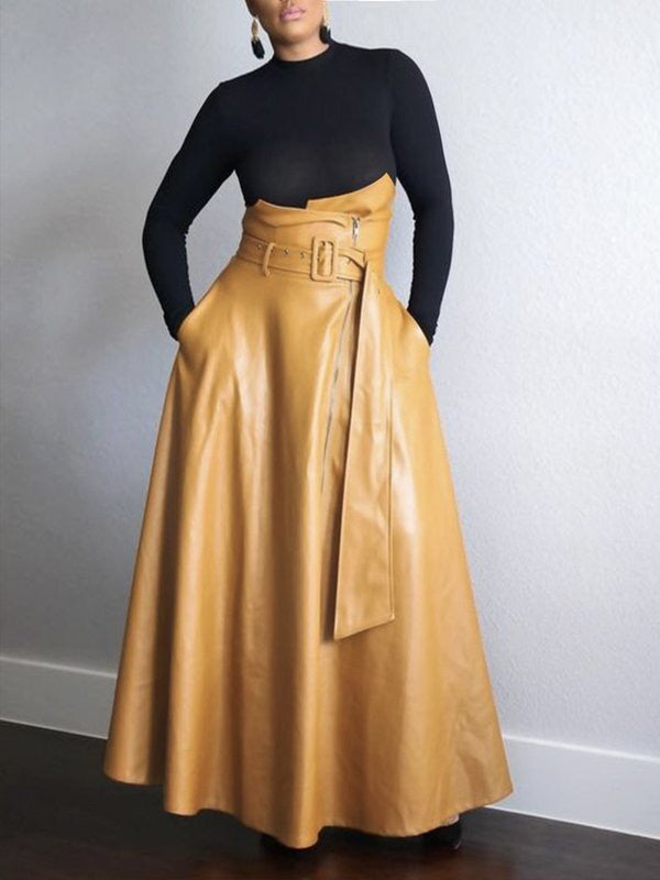 A-Line High Waisted Belted Pockets Solid Color Zipper Skirts Bottoms
