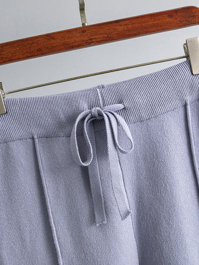 Casual Long Sleeves Loose Solid Color Round-Neck Sweater Tops & Wide Leg Pants Two Pieces Set