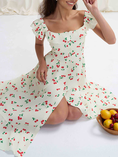 High Waisted Loose Buttoned Elasticity Flower Print Pleated Square-Neck Midi Dresses