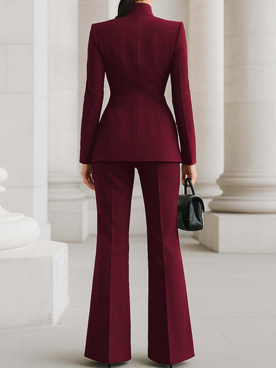 Long Sleeves Buttoned Pockets Solid Color Stand Collar Blazer Outerwear