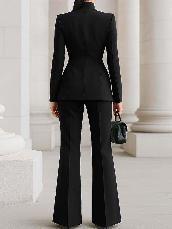 Long Sleeves Buttoned Pockets Solid Color Stand Collar Blazer Outerwear