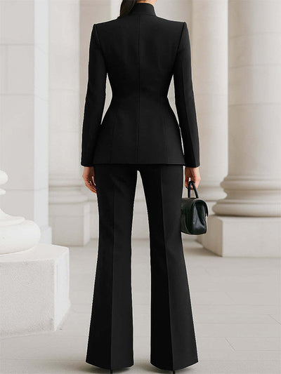 Long Sleeves Buttoned Pockets Solid Color Stand Collar Blazer Outerwear