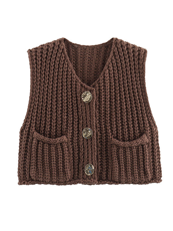 Loose Sleeveless Buttoned Pockets V-Neck Vest Outerwear