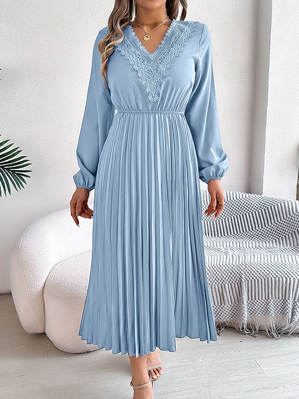 Elasticated Waist High Waisted Pleated Solid Color V-Neck Midi Dresses