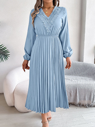 Elasticated Waist High Waisted Pleated Solid Color V-Neck Midi Dresses