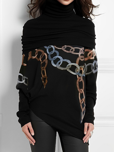 Long Sleeves Printed Split-Joint High Neck T-Shirts Tops