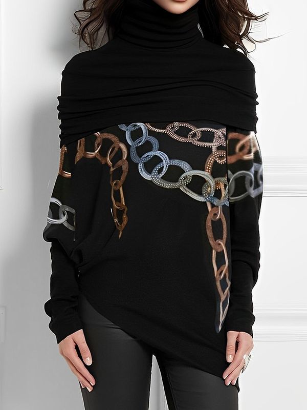 Long Sleeves Printed Split-Joint High Neck T-Shirts Tops