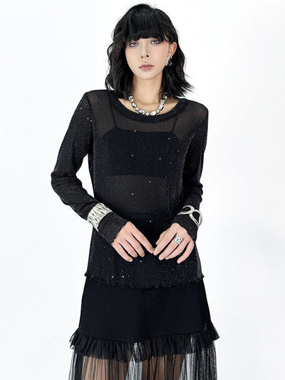 Long Sleeves Loose See-Through Shiny Round-Neck T-Shirts Tops