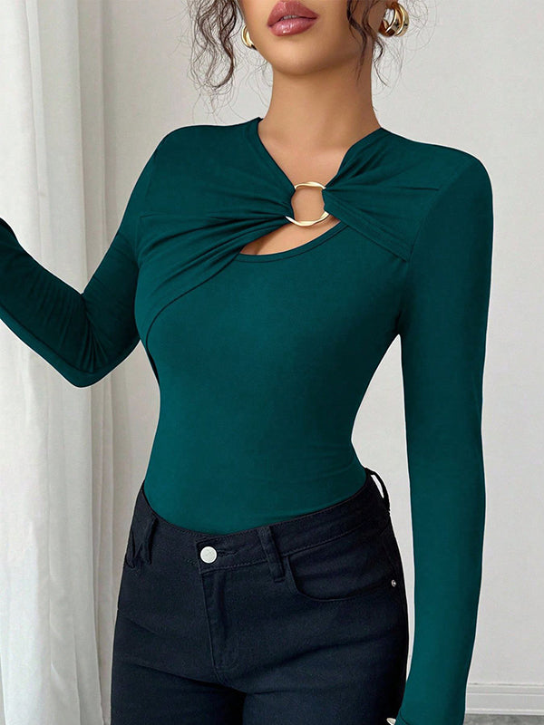 Long Sleeves Skinny Solid Color Split-Joint Asymmetric Collar T-Shirts