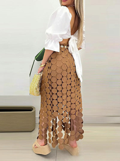 Bodycon High Waisted Solid Color Split-Joint Tasseled Skirts