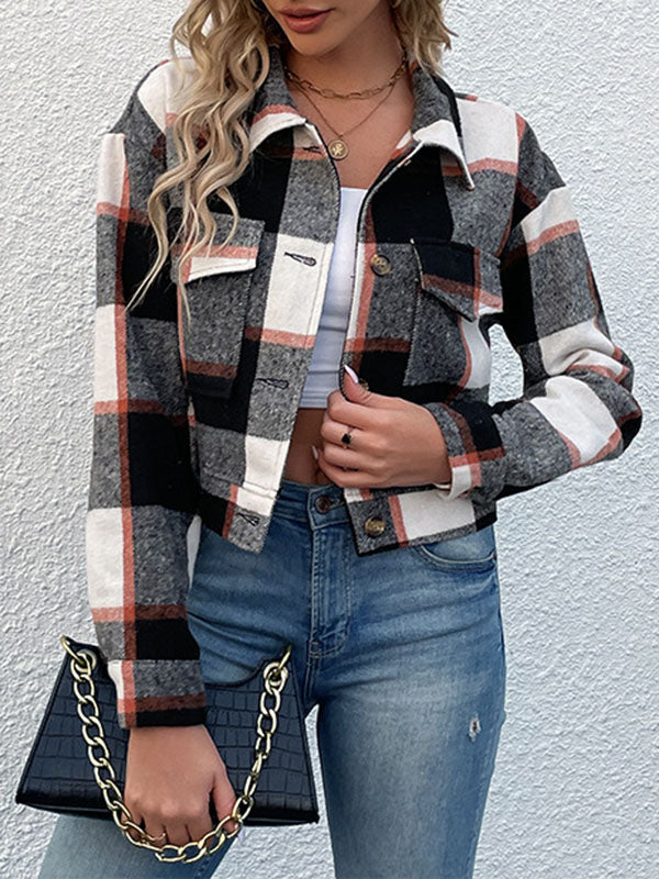 Long Sleeves Loose Buttoned Plaid Pockets Split-Joint Lapel Jackets Outerwear