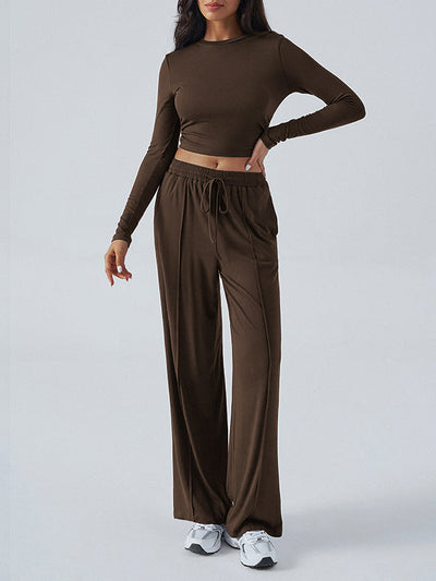 Long Sleeves Loose Solid Color Round-Neck T-Shirt Top + Drawstring Elasticity Pockets Pants Bottom Two Pieces Set