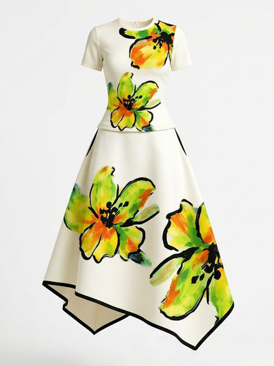 Short Sleeves Flower Print Round-Neck T-Shirts Tops