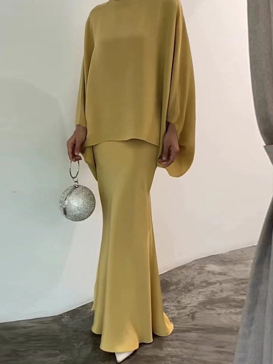 Batwing Sleeves Pearl Solid Color Round-Neck Shirts&Skirts Suits