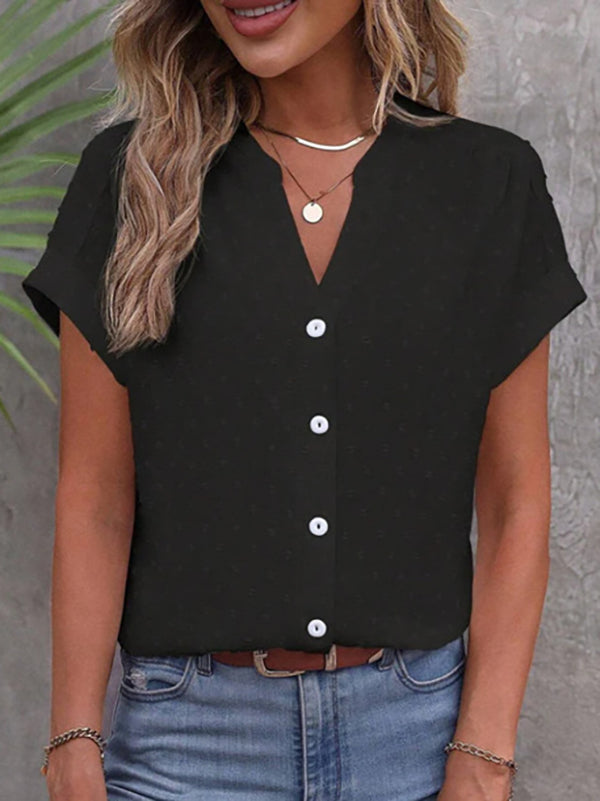 Loose Raglan Sleeve Buttoned Jacquard Solid Color V-Neck Blouses&Shirts Tops