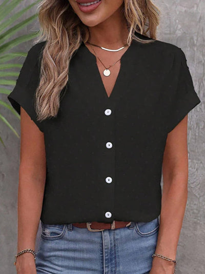 Loose Raglan Sleeve Buttoned Jacquard Solid Color V-Neck Blouses&Shirts Tops