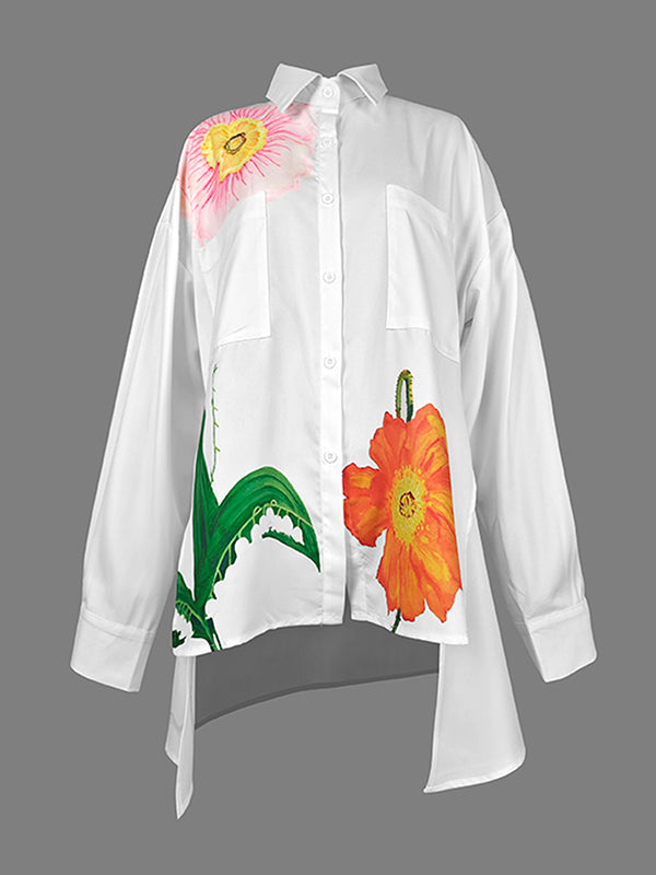 High-Low Loose Asymmetric Floral Printed Split-Joint Split-Side Lapel Blouses