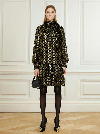 Long Sleeves Puff Sleeves Pleated Polka Dot Shiny Split-Joint High Neck Mini Dresses