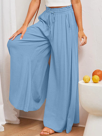 High Waisted Loose Drawstring Elasticity Pockets Solid Color Pants Trousers
