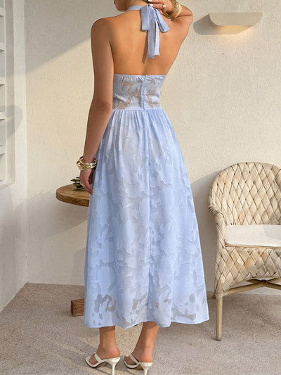 A-Line High Waisted Backless Pleated Solid Color Split-Side Halter-Neck Maxi Dresses