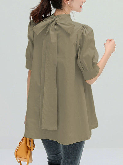 Casual Loose Bow-Embellished Solid Color Blouse