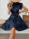 A-Line Loose Buttoned Pleated Polka-Dot Tied Waist Round-Neck Mini Dresses