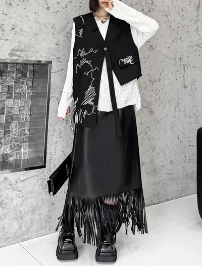 Sleeveless Asymmetric Buttoned Embroidered V-Neck Vest Top
