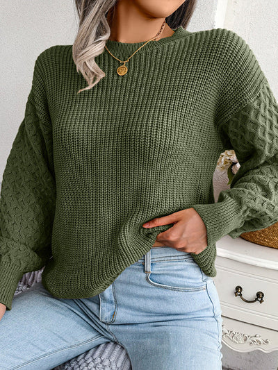 Long Sleeves Loose Cable Knit Solid Color Round-Neck Sweater Tops