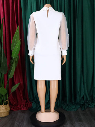 Puff Sleeves Beads Mesh Solid Color Split-Joint Round-neck Midi Dresses