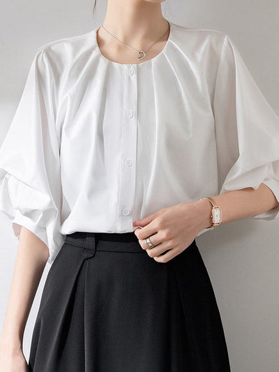 Half Sleeves Loose Buttoned Pleated Solid Color Round-Neck Blouses&Shirts Tops