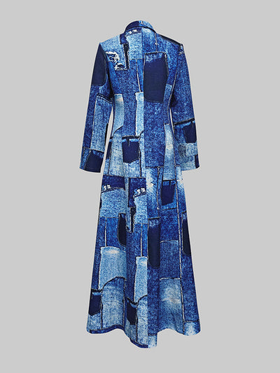 Long Sleeves Printed Zipper Lapel Maxi Dresses Shirt Dress