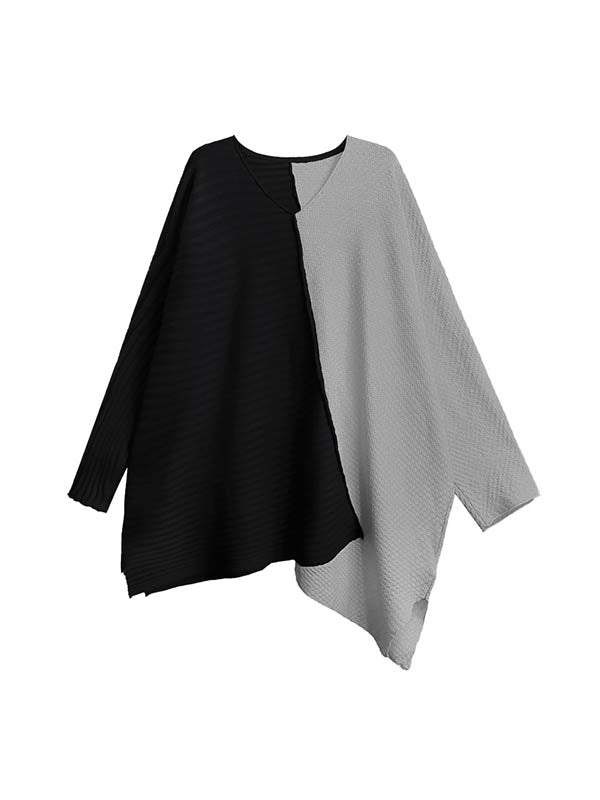 Batwing Sleeves Irregularity Asymmetric Contrast Color Split-Joint Textured V-Neck Sweater Tops