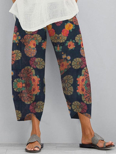 Loose Flower Print Pockets Split-Joint Pants Trousers