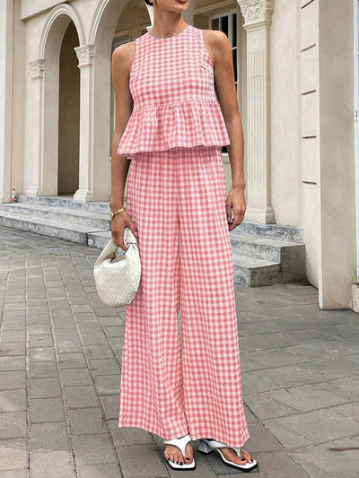 A-Line Loose Plaid Pleated Split-Joint Round-Neck Vest Top + Pants Bottom Suits