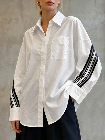 Long Sleeves Loose Buttoned Contrast Color Pockets Split-Joint Webbing Lapel Blouses&Shirts Tops