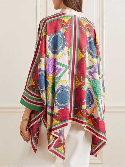 Batwing Sleeves High-low Buttoned Flower Print Stand Collar Blouses&shirts Tops