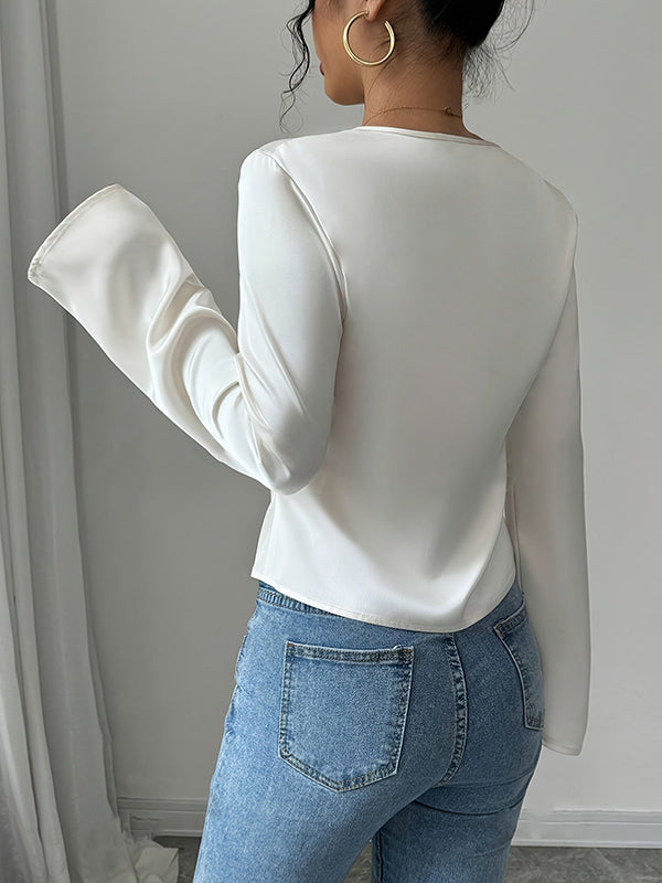 Long Sleeves Loose Pleated Solid Color Split-Joint V-Neck Blouses&Shirts Tops