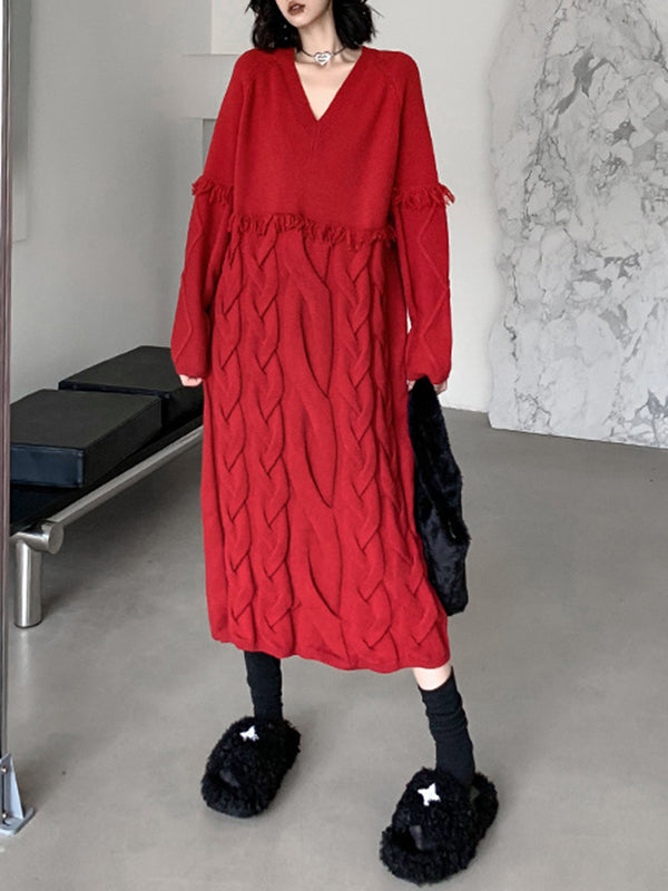 Long Sleeves Loose Solid Color Split-Joint Tasseled V-Neck Midi Dresses Sweater Dresses