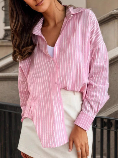 Long Sleeves Loose Buttoned Contrast Color Split-Joint Striped Lapel Blouses&Shirts Tops