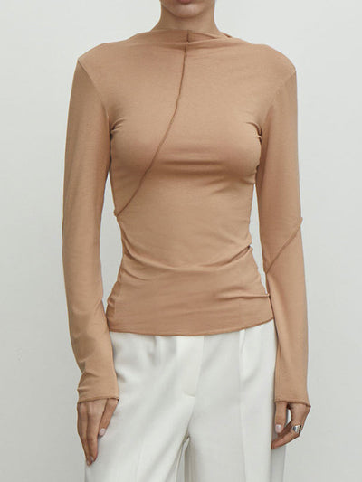 Long Sleeves Skinny Asymmetric Solid Color Mock Neck T-Shirts Tops
