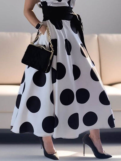 A-Line Sleeveless Polka-Dot Split-Joint Tied Waist Lapel Maxi Dresses Shirt Dress
