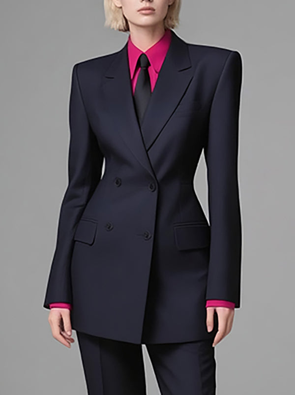 Long Sleeves Loose Buttoned Pockets Solid Color Notched Collar Blazer Outerwear
