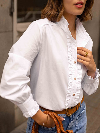 Long Sleeves Ruffled Split-Joint Round-Neck Blouses&Shirts Tops