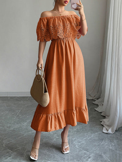 A-Line High Waisted Pleated Ruffled Solid Color Split-Joint Off-the-shoulder Midi Dresses
