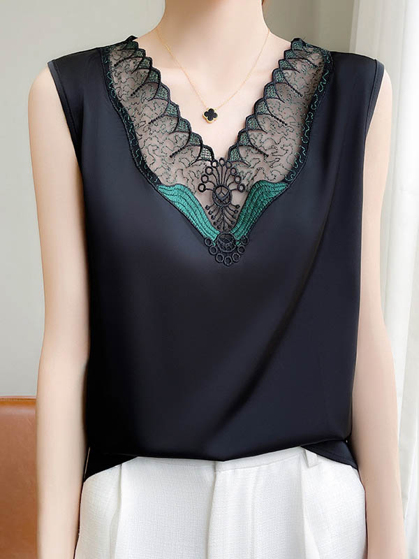 Loose Sleeveless Embroidered Mesh Split-Joint V-Neck Vest Top