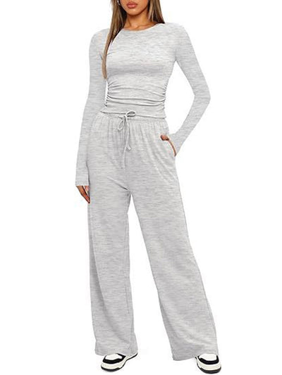 Solid Color Pleated Round-Neck T-Shirts Tops +  Elasticated Waist High Waisted Drawstring Pants Two Pieces Set