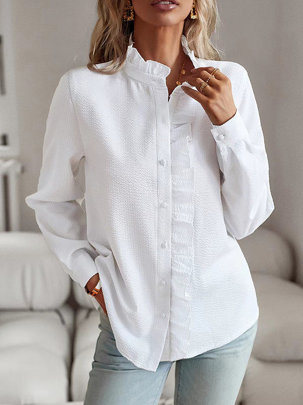 Long Sleeves Loose Pleated Ruffled See-Through Solid Color Split-Joint Stand Collar Blouses&Shirts Tops
