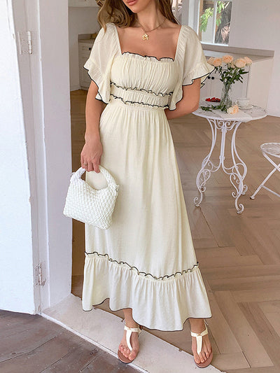 A-Line High Waisted Pleated Ruffle Trim Split-Joint Zipper Square-Neck Midi Dresses