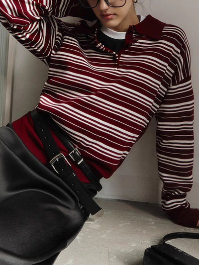 Long Sleeves Split-Joint Striped Lapel Sweater Tops