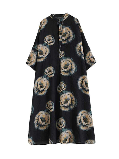 Loose Three-quarter Sleeves Buttoned Flower Print Stand Collar Midi Dresses